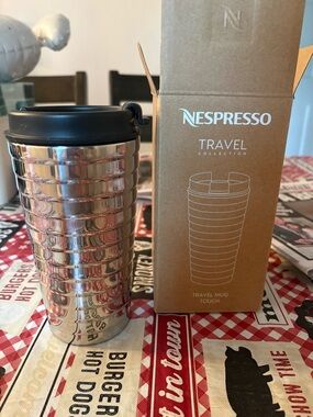 Nespresso Metallic Silver Travel Mug with Black Lid